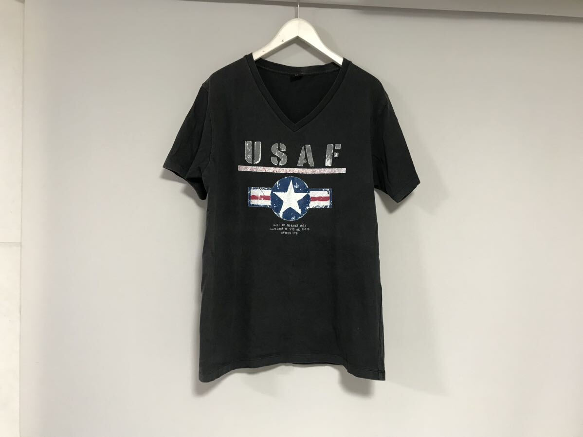 本物アヴィレックスAVIREXアビレックスコットンプリントVネック半袖Tシャツメンズサーフアメカジワークミリタリー黒ブラックグレーXL拍卖