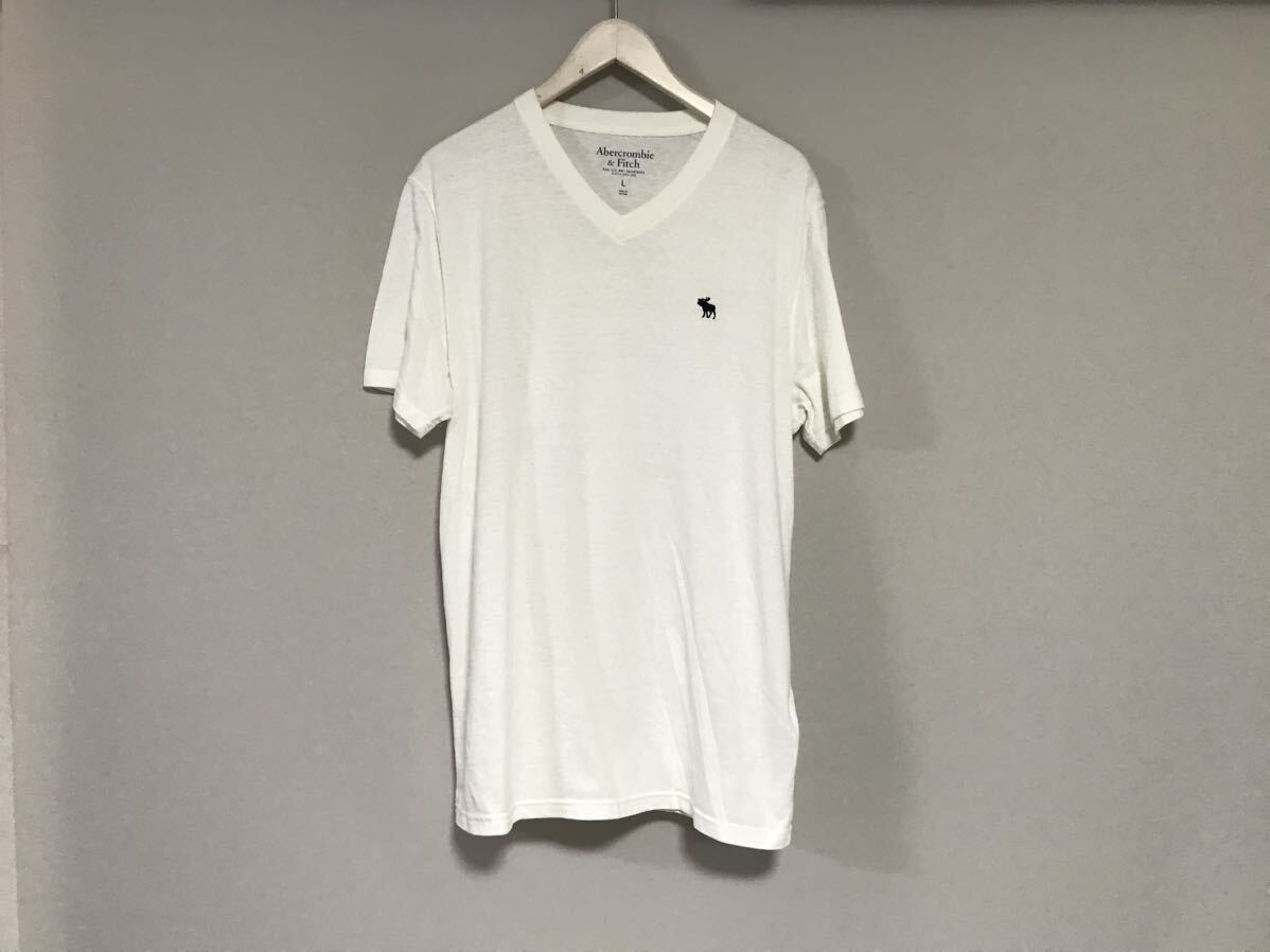 本物アバクロンビーアンドフィッチAbercrombie&FitchコットンVネックロゴ刺繍半袖TシャツメンズサーフアメカジワークミリタリーL白ホワイト拍卖