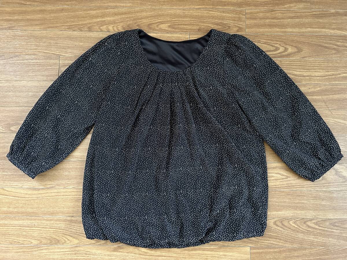 ■チュニック 8分袖 丸首 水玉 黒×白 ブラック かわいい サイズ9AR 裾ゴム拍卖