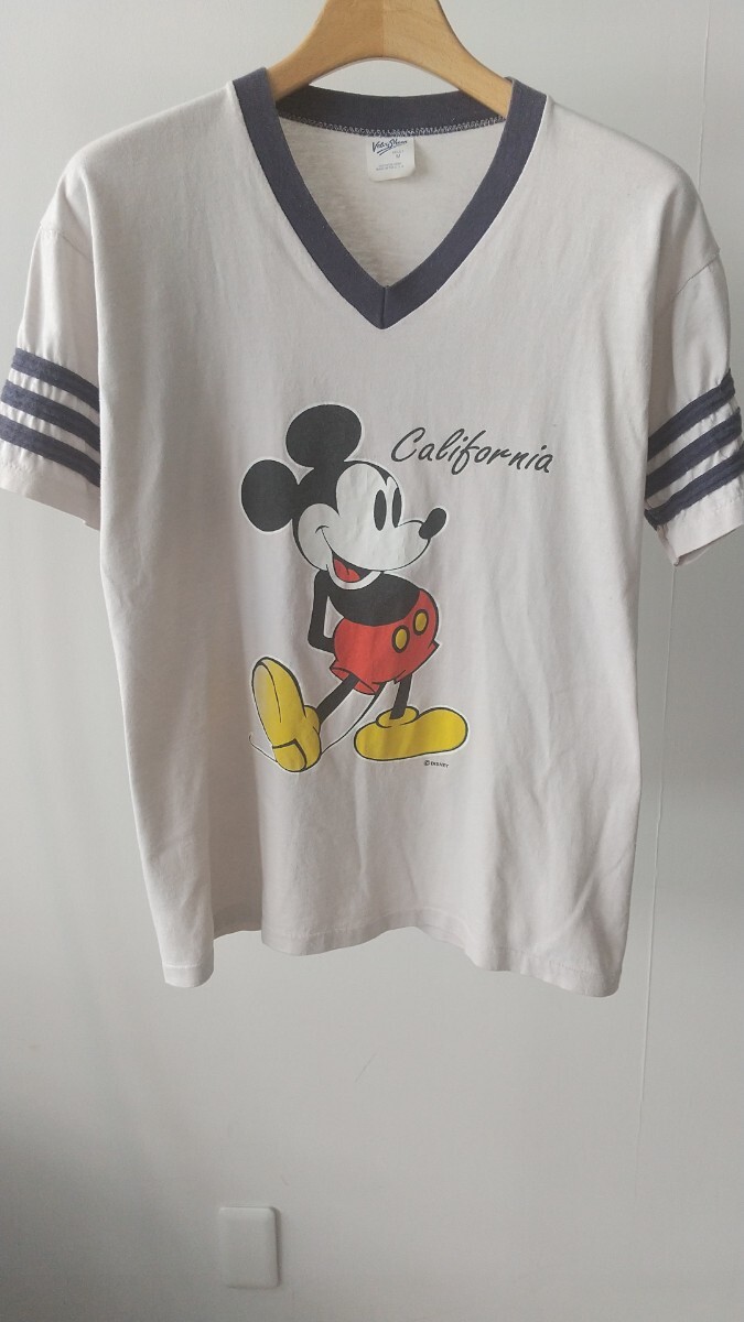 Disney Micky ディズニー ヴィンテージ ミッキーマウス★Velva Sheen ベルバシーン 1980年代 USA製 Vネック半袖Tシャツ M拍卖