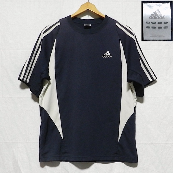 adidas アディダス ラグラン 切り返し ロゴ Tシャツ 多機能 スポーツウェア サッカー ウォーキング トレッキング ジム 紺グレー L 美品拍卖