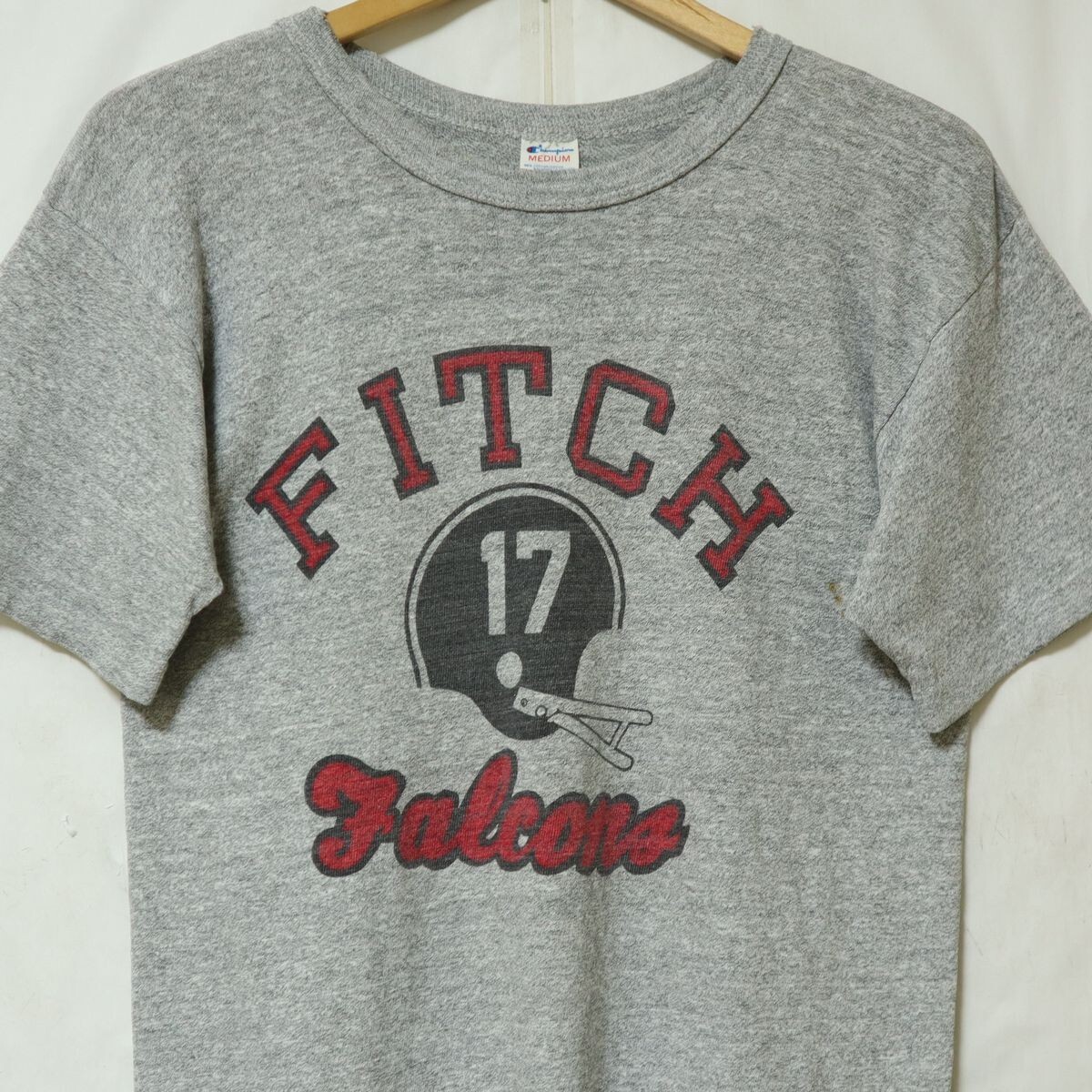 80s USA製 Champion トリコ ビンテージ チャンピオン 染み込み カレッジ フットボール プリント 半袖 Tシャツ M サイズ 杢グレー 霜降り //拍卖