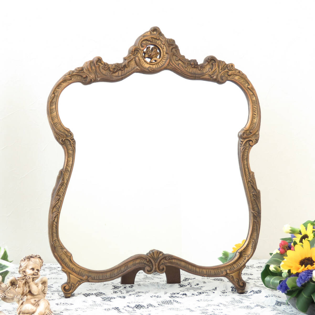 ゴールドにペイントされたイギリスの古い木製卓上ミラー/鏡/店舗什器/ディスプレイ/インテリア/ヴィンテージ/アンティーク雑貨/AL-1023拍卖