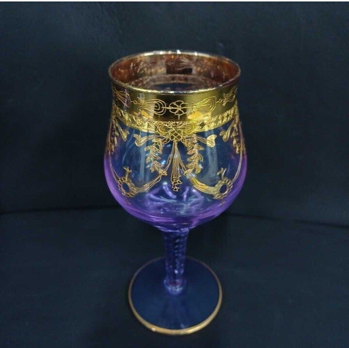 高)3個まとめて ベネチアグラス ワイングラス ゴールド 青紫 洋食器 グラス 3脚 店舗 (E2/240606)拍卖