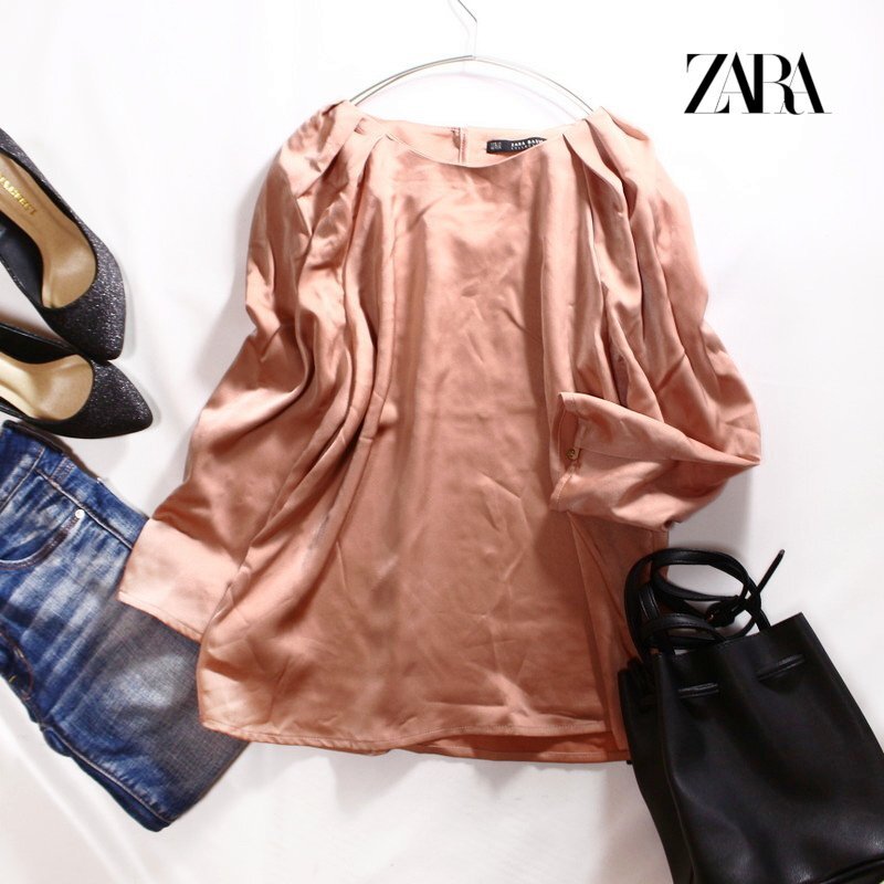 美品 ZARA BASIC ザラ ベーシック 春 綺麗め きれい色 艶 とろみ 長袖カットソー ブラウス コーラルオレンジ タック フォーマル 綺麗め拍卖