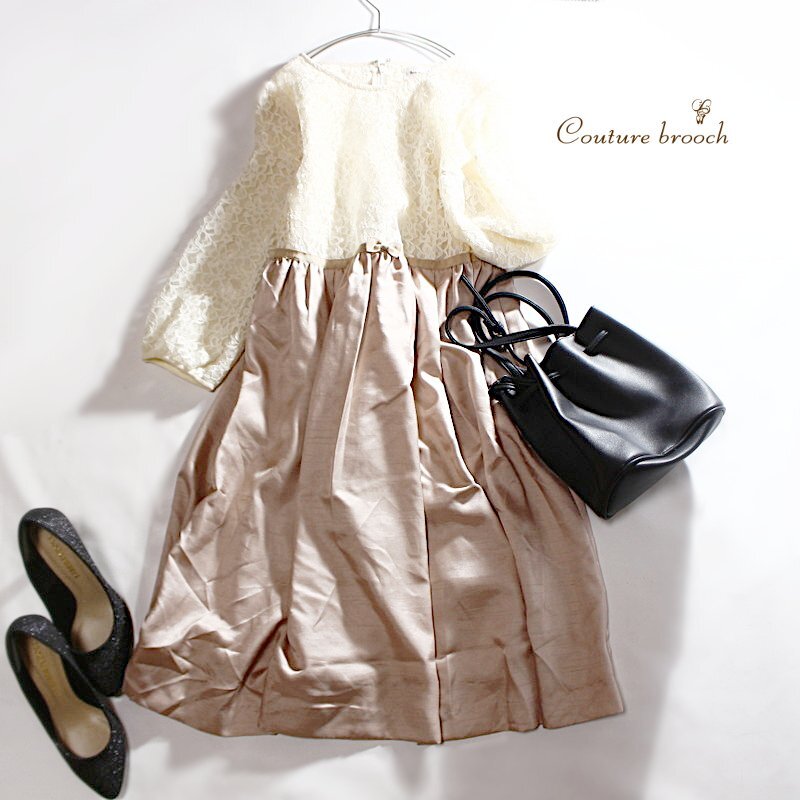 美品 Bon mercerie ボンメルスリー 株) ワールド フォーマル レース 艶サテン ドッキグ ワンピース ドレス 7号 36 ホワイト 白 ピンク拍卖