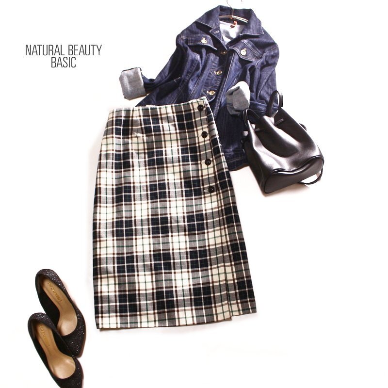 美品 ナチュラルビューティーベーシック NATURAL BEAUTY BASIC チェック柄 前ボタン ロング丈 タイトスカート M 9号 白 グリーン ネイビー拍卖