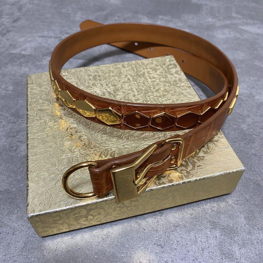 定価16万 UNDERCOVER アンダーカバー ヘキサゴン スタッズ シルバー925 金メッキ ゴールド ワニ革 クロコダイル レザー ベルト 34拍卖