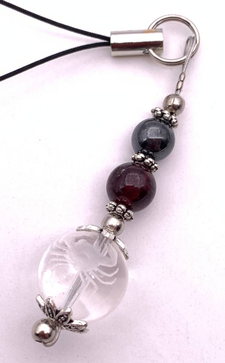 天然石彫り水晶12星座(かに座)&ガーネット&ヘマタイトのストラップ拍卖