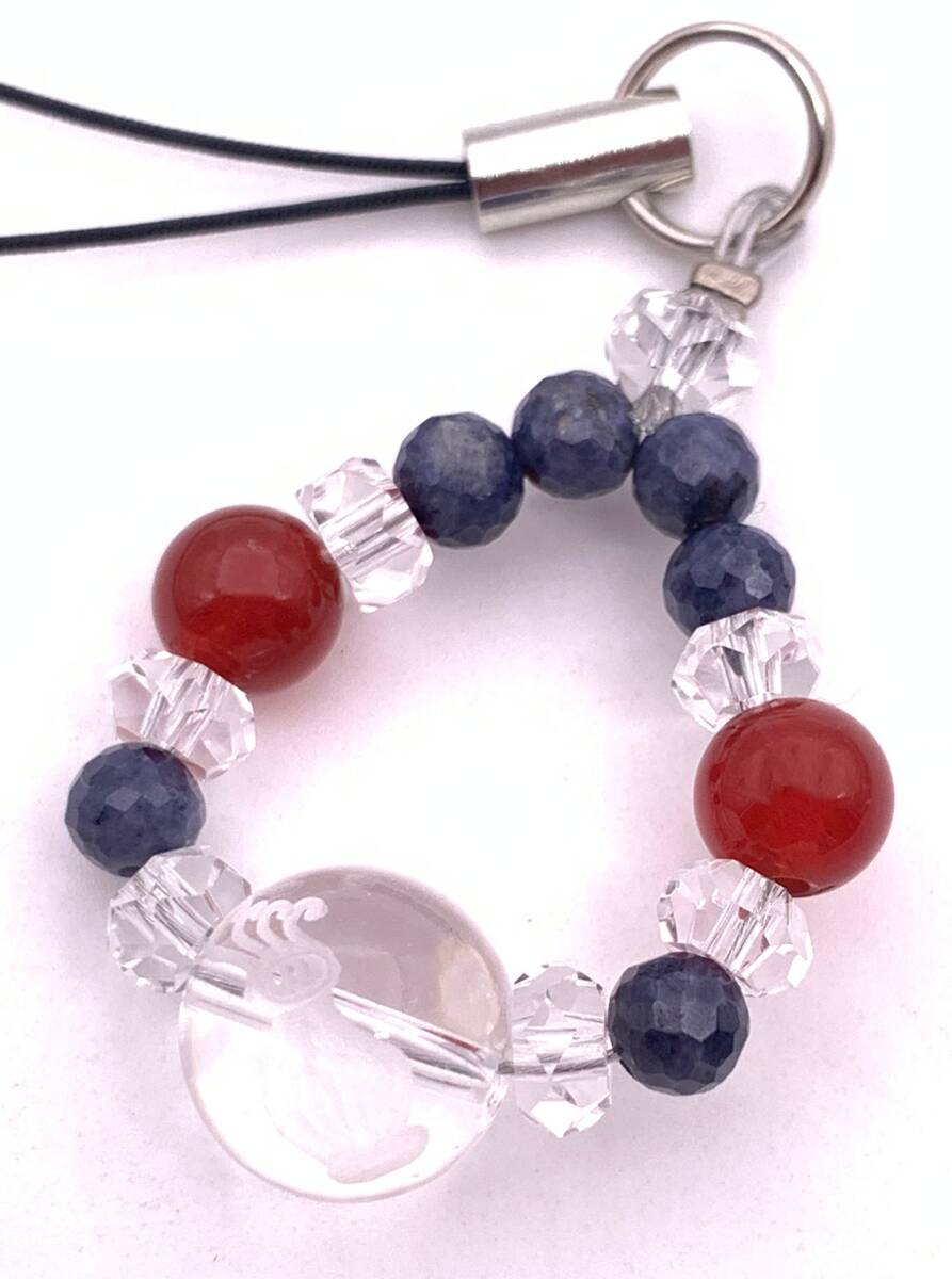 天然石彫り水晶12星座(みずがめ座)&レッドアゲート(赤メノウ)&サファイアのストラップ拍卖