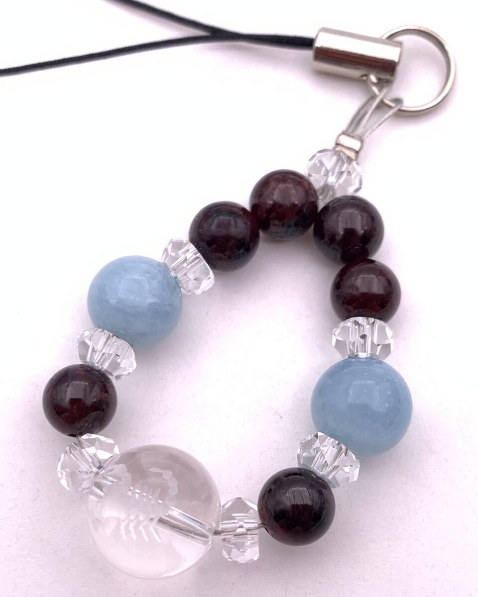 天然石彫り水晶12星座(さそり座)&アクアマリン&ガーネットのストラップ拍卖