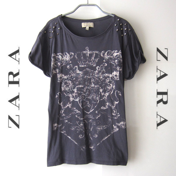 美品 ZARA/ザラ★ スタッズ付きプリントTシャツ ネイビー拍卖