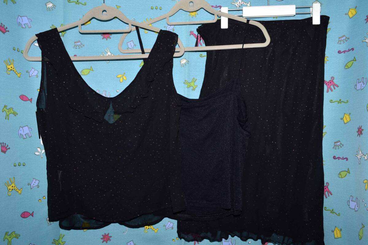 大サイズ Le ciel ルシェル・ フリル X シフォン セットアップ 3点セット 黒系色 サイズ:15ABR80(未使用品)拍卖