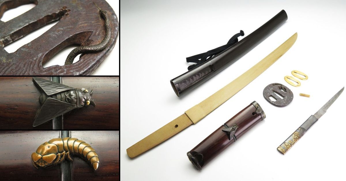 【7866】刀装具 (小柄 蒔絵 在銘入り) 昆虫 金具付 短刀 拵え 一作(初品・買取品)拍卖
