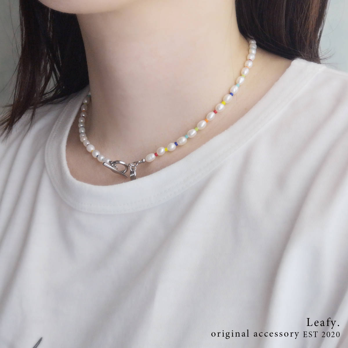 マンテルとカラービーズ&淡水パールのネックレス ビーズアクセサリー レインボー 2way ブレスレット カラフル拍卖