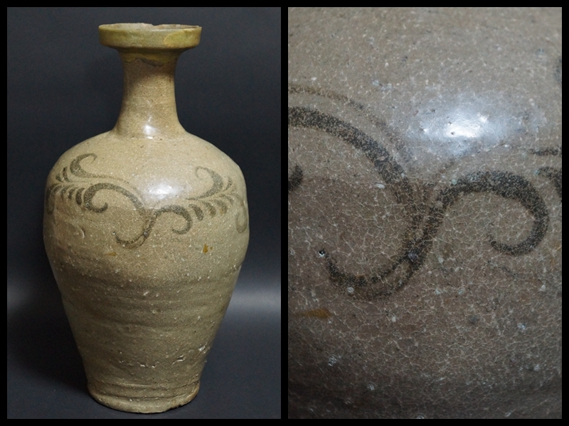 【閑】高麗 鉄絵灰釉徳利 絵高麗『唐草文』 広口瓶 花器 高さ27.8cm 茶道具 陶芸アンティーク★時代物★6D0617拍卖