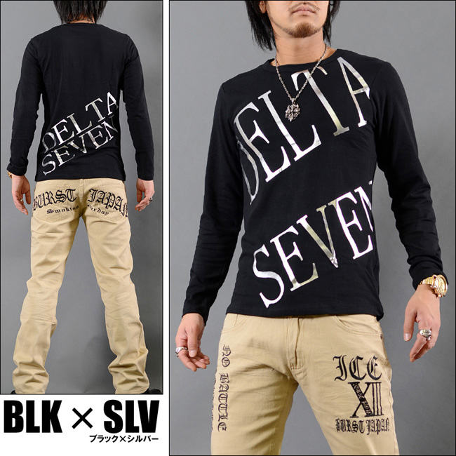 DELTA SEVEN ブランド ロゴ 箔プリント 長袖 Tシャツ ブラック×ゴールド del-70665新品L拍卖