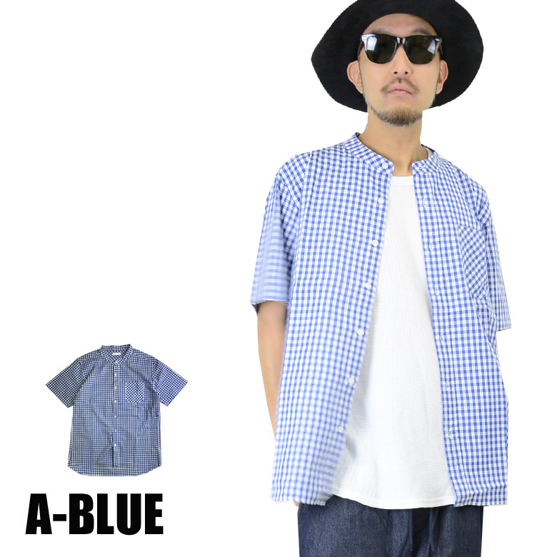 半袖シャツ チェック柄 ビックシルエットバンドカラー 35383 メンズシャツ シャツ 新品 A-BLUE M拍卖