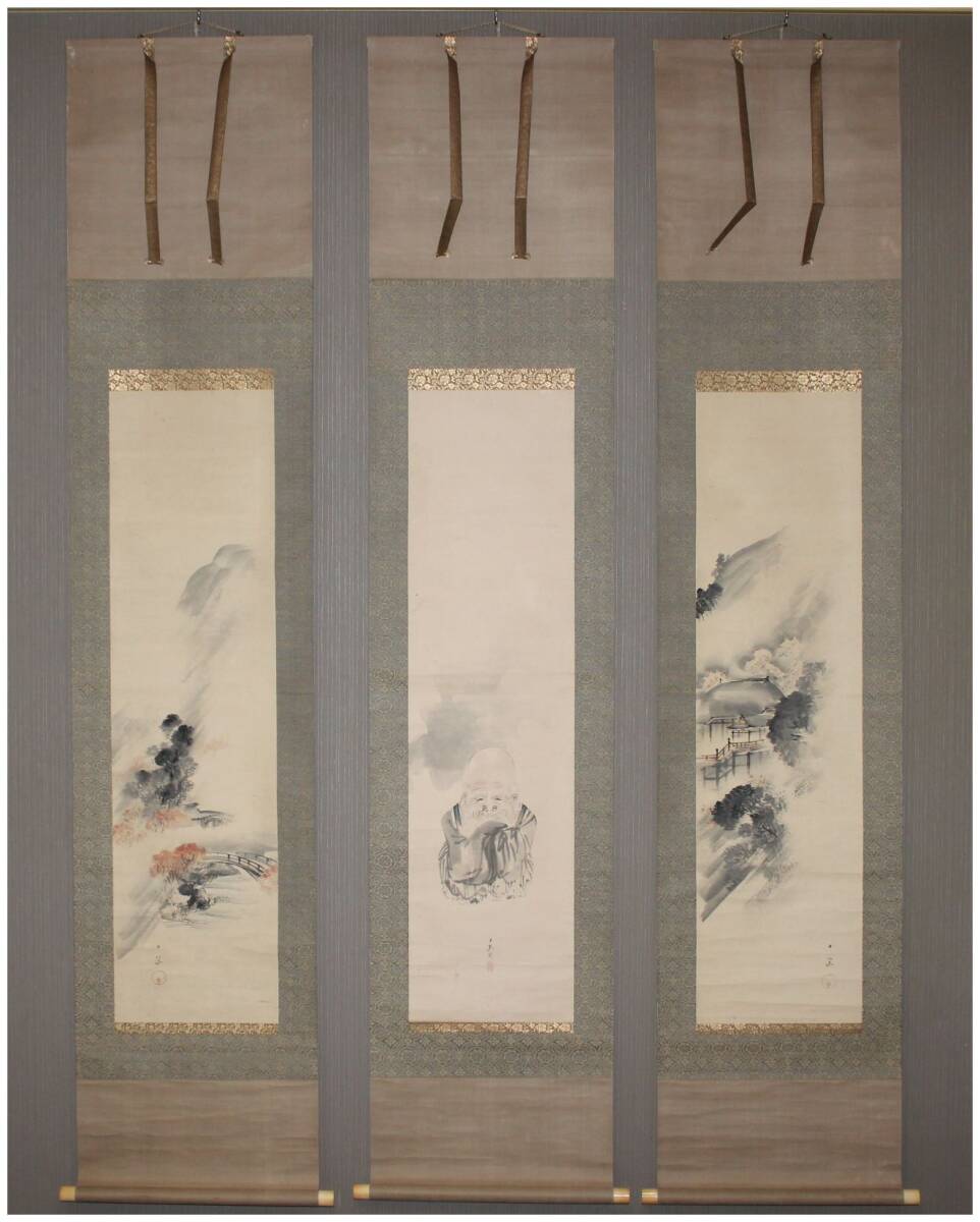 「真作」 四条派絵師・【田中日華】 桜清水寺・寿老人・高雄紅葉図 三幅対 掛軸 江戸後期・京都・京風景・岡本豊彦師事拍卖