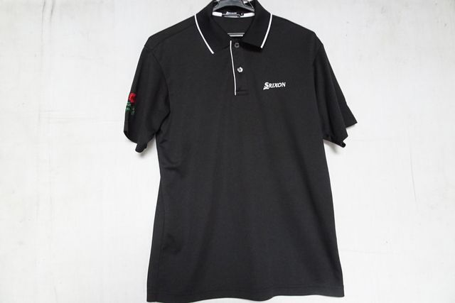 SRIXON/スリクソン/半袖ポロシャツ/ゴルフウェア/速乾性素材/襟端・前立端白ライン入/両袖文字ししゅう/黒/ブラック/Mサイズ(6/28R)拍卖