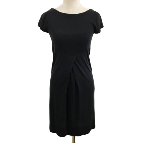 セオリー Theory ワンピース サマーニット Iライン 膝丈 プルオーバー ボートネック タック 無地 半袖 2 黒 ブラック レディース拍卖
