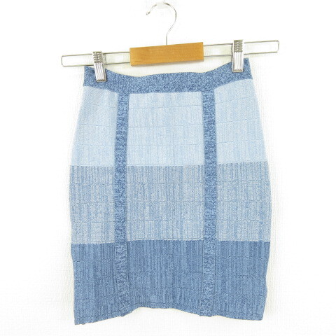 ビービー Bebe ミニスカート ニット タイト ストレッチ 水色 紺 XS *A541 レディース拍卖