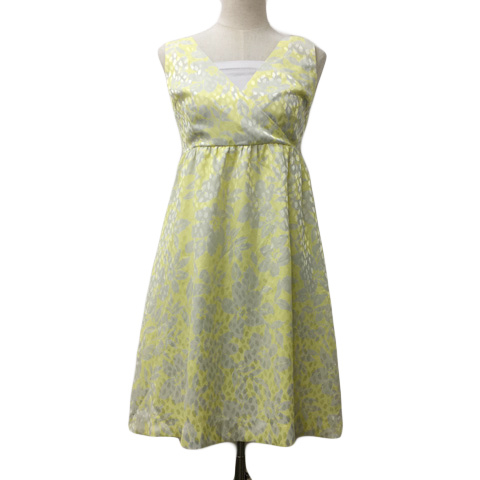 クイーンズコート QUEENS COURT ワンピース フレア ミニ カシュクール 花柄 総柄 ノースリーブ 2 黄 グレー イエロー レディース拍卖