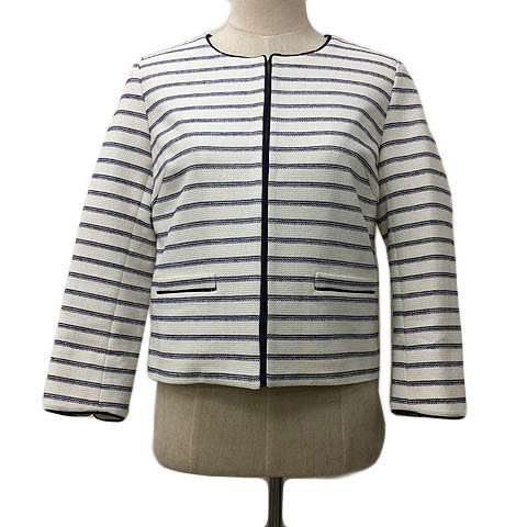 クリアインプレッション CLEAR IMPRESSION ジャケット ノーカラー ボーダー パイピング 七分袖 白 紺 ホワイト ネイビー レディース拍卖