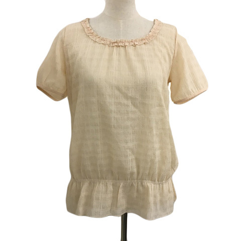 ハッシュアッシュ カットソー ブラウス プルオーバー ラウンドネック ペプラム フリル 透け感 シアー パフスリーブ 半袖 3 ベージュ拍卖