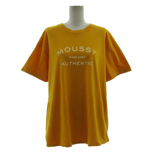 マウジー MOUSSY Tシャツ 丸首 ロゴプリント 半袖 オーバーサイズシルエット コットン 山吹色 F レディース拍卖