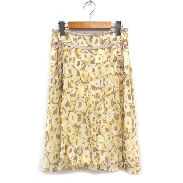 ルイシャンタン Lui Chantant 柄プリント プリーツ スカート ひざ丈 シフォン 38 イエロー 黄 /FT7 レディース拍卖