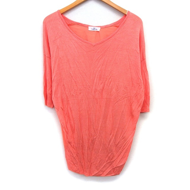 ビアッジョブルー Viaggio Blu カットソー チュニック 切替 ニット シフォン 切替リブ 七分袖 Vネック 2 コーラルピンク /HT3 レディース拍卖
