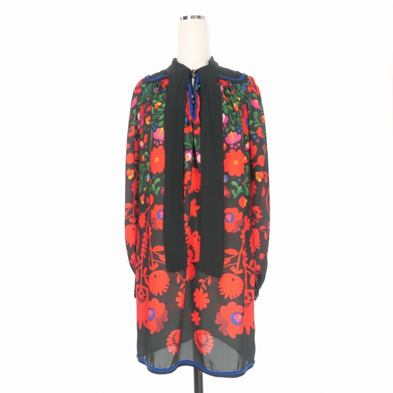 ディースクエアード DSQUARED2 22AW フラワープリント リボンタイ ロングシャツ ブラウス 長袖 38 ブラック 黒 S75CV0547 国内正規拍卖