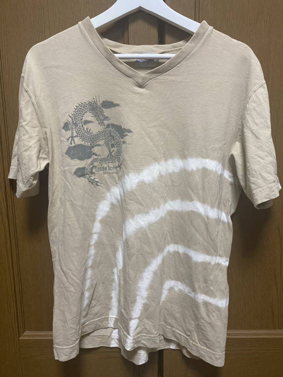 【USED】 Tシャツ メンズ M ベージュ Vネック 龍 竜 柄 ドラゴン拍卖