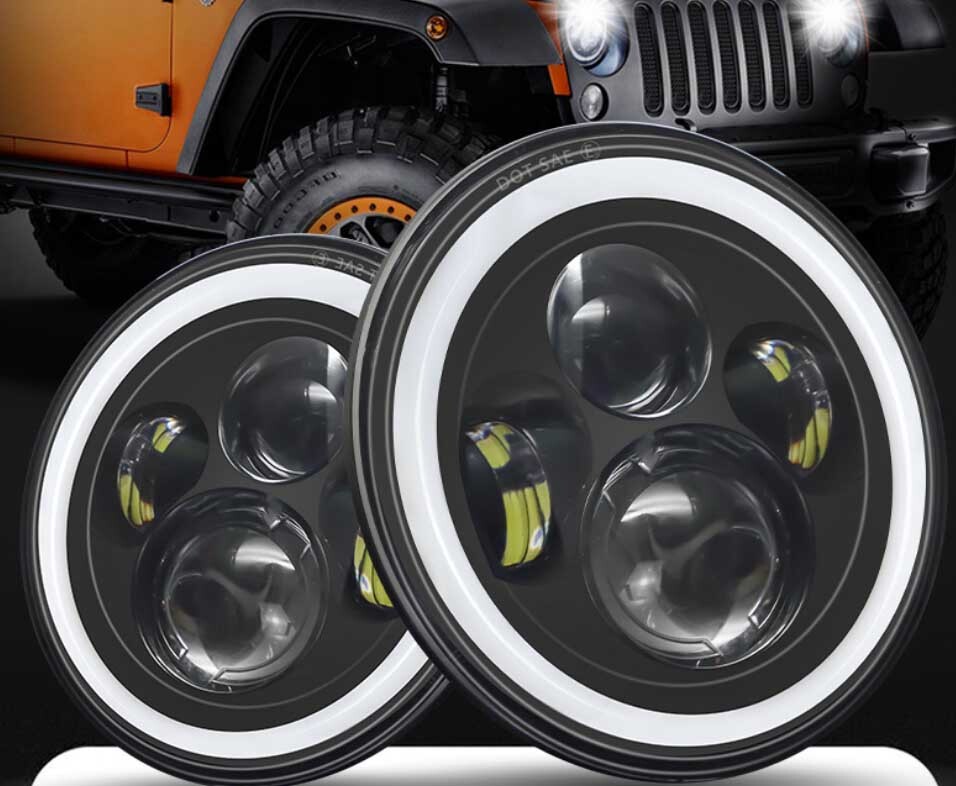 7インチ H4 LEDヘッドライト イカリング 6500K 16000lm 12V/24Vイエロー&ホワイト 防水7インチ オートバイ Jeep 純正交換拍卖