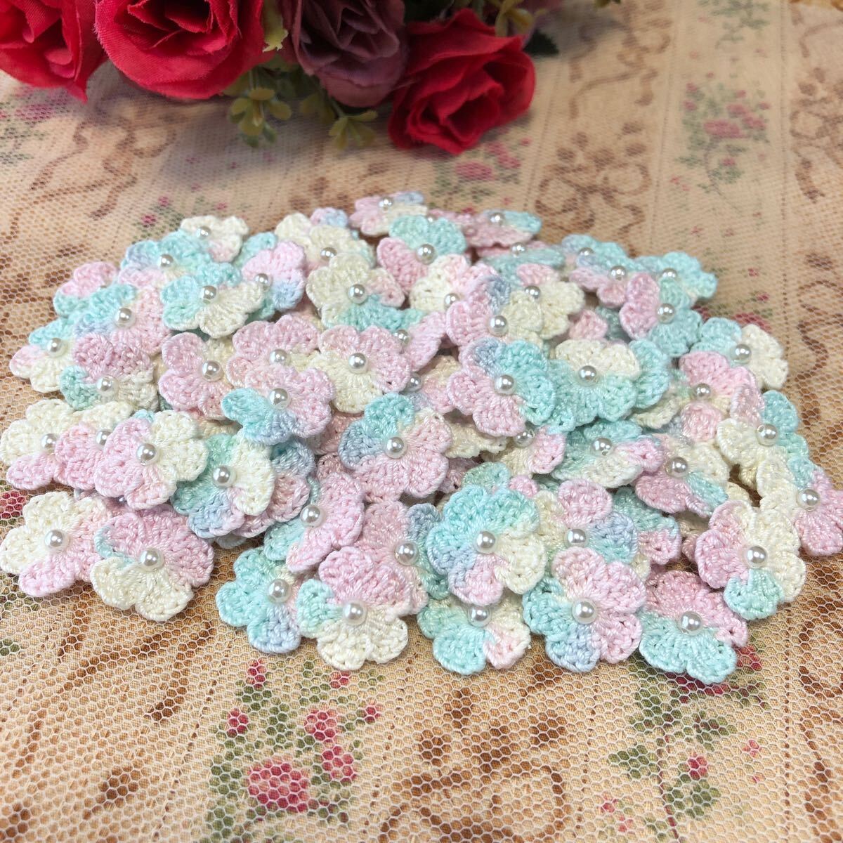 (No.1)☆ハンドメイド☆可愛いお花(^^)【ミックス】パールビーズ付き モチーフ パーツ等に拍卖