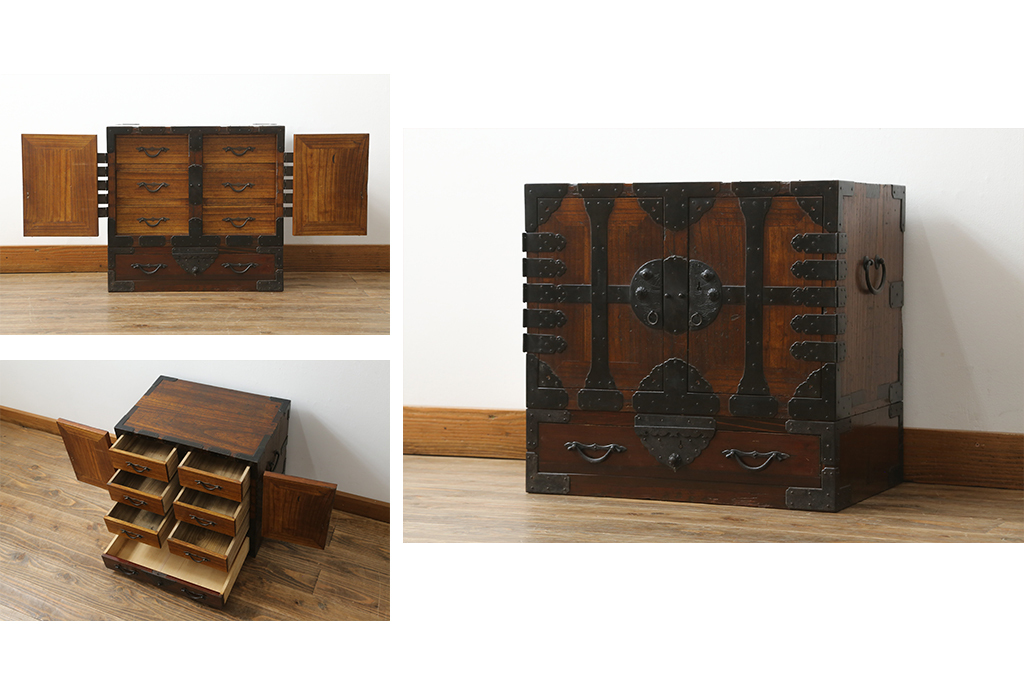 R-066876 和製アンティーク 希少デザイン 十字金具 観音扉付き二段重ね帳場小箪笥(船箪笥、舟箪笥、時代箪笥、収納タンス、卓上収納)拍卖