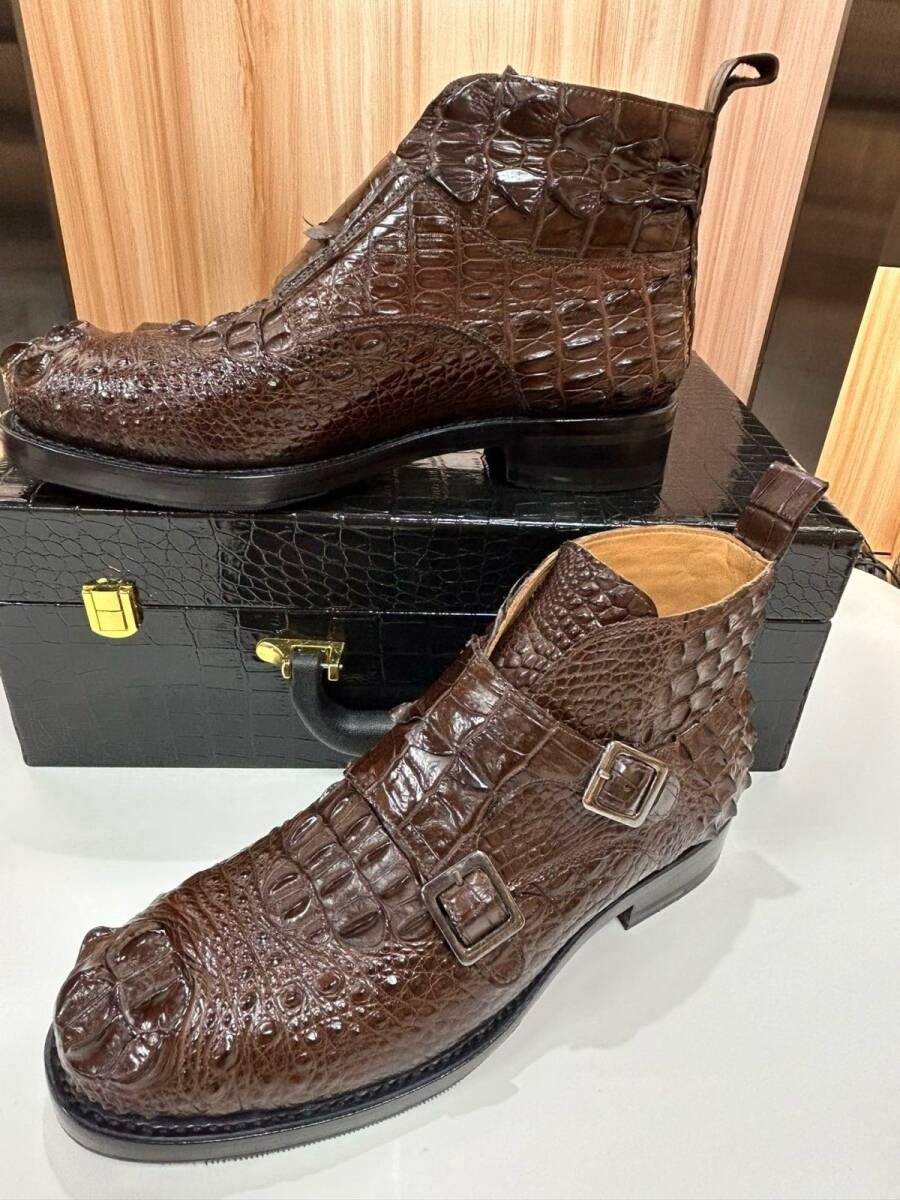 モンクストラップ装飾! 24~27cm クロコダイル本革 ワニ革 革靴 メンズ 軽量 ブーツ メンズ 定番 ショートブーツ カジュアルブーツ拍卖