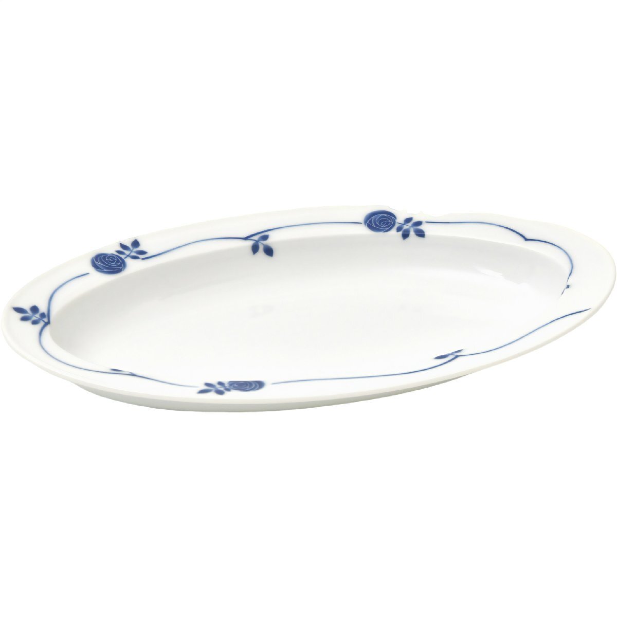 香蘭社 染付の濃淡で表現した青いバラ柄の楕円形 大きめ リムプレート 24cm 青い薔薇 サムシングブルー 結婚祝いに最適拍卖