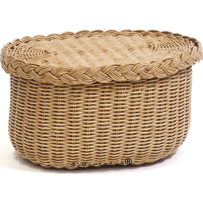 オーバル型のナチュラルなフタ付きバスケット 31×24×高さ18cm 天然素材で編まれたような自然な温かみ PPラタン製 手編み 水 汚れに強い拍卖