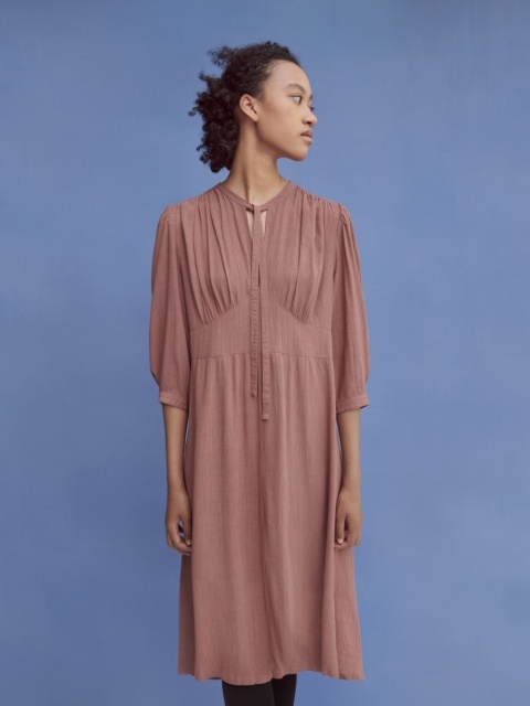 【ブラウン・L・新品】ユニクロ×ルメール■Uniqlo U ユニクロユー ビスコースボウタイワンピース(7分袖)レーヨン リボン ベージュ拍卖