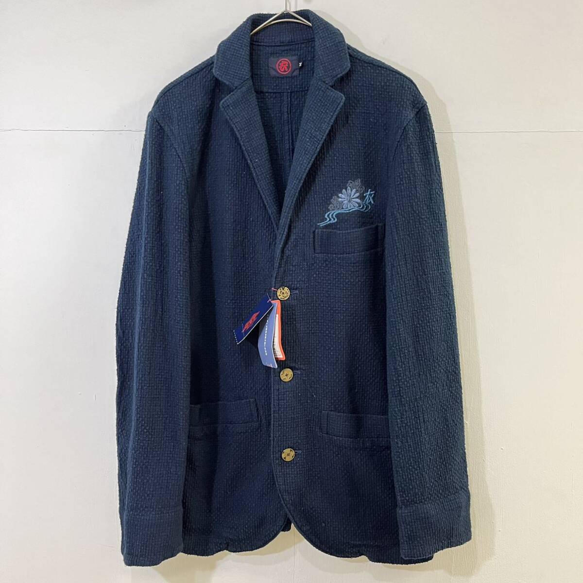 新品未使用タグ付き 衣 COROMOOL 定価¥31,290- 引き手釦刺し子ジャケット 手ぶり刺繍 インディゴ 花柄 日本製 上質【送料一律/同梱可能】L拍卖