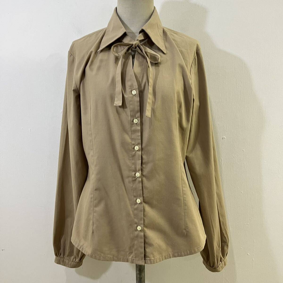 VINTAGE フランス製 JUST A TEMPS デザインシャツ デザインブラウス リボン付き 長袖シャツ ポリコットン【レターパックプラス郵送可】G拍卖