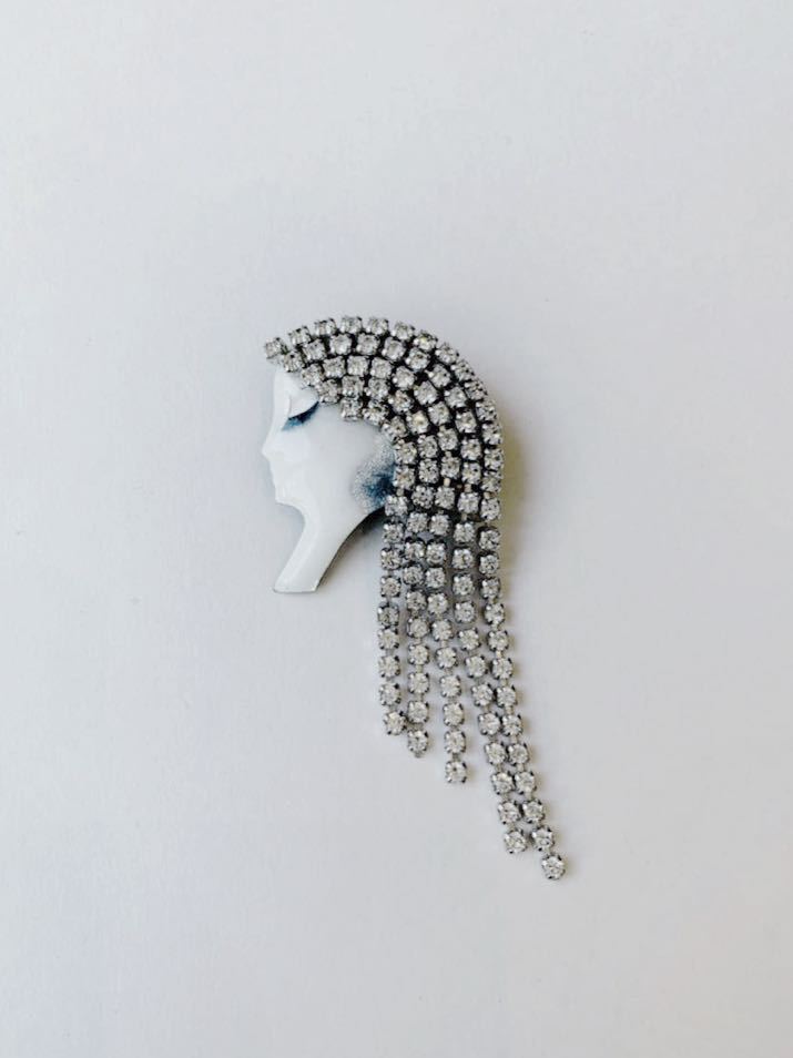 【超希少】珍品 美しい ヴィンテージ 七宝 横顔 ブローチ 顔 フェイス エナメル ラインストーン レア デザイン拍卖