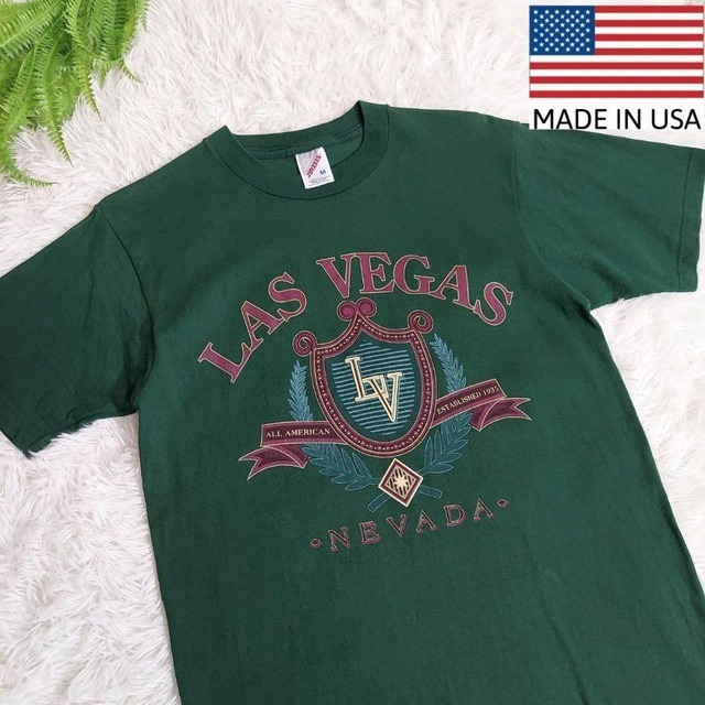 90s USA製 JERZEES ラスベガス・エンブレム・Tシャツ 暗めの緑グリーン 67840拍卖