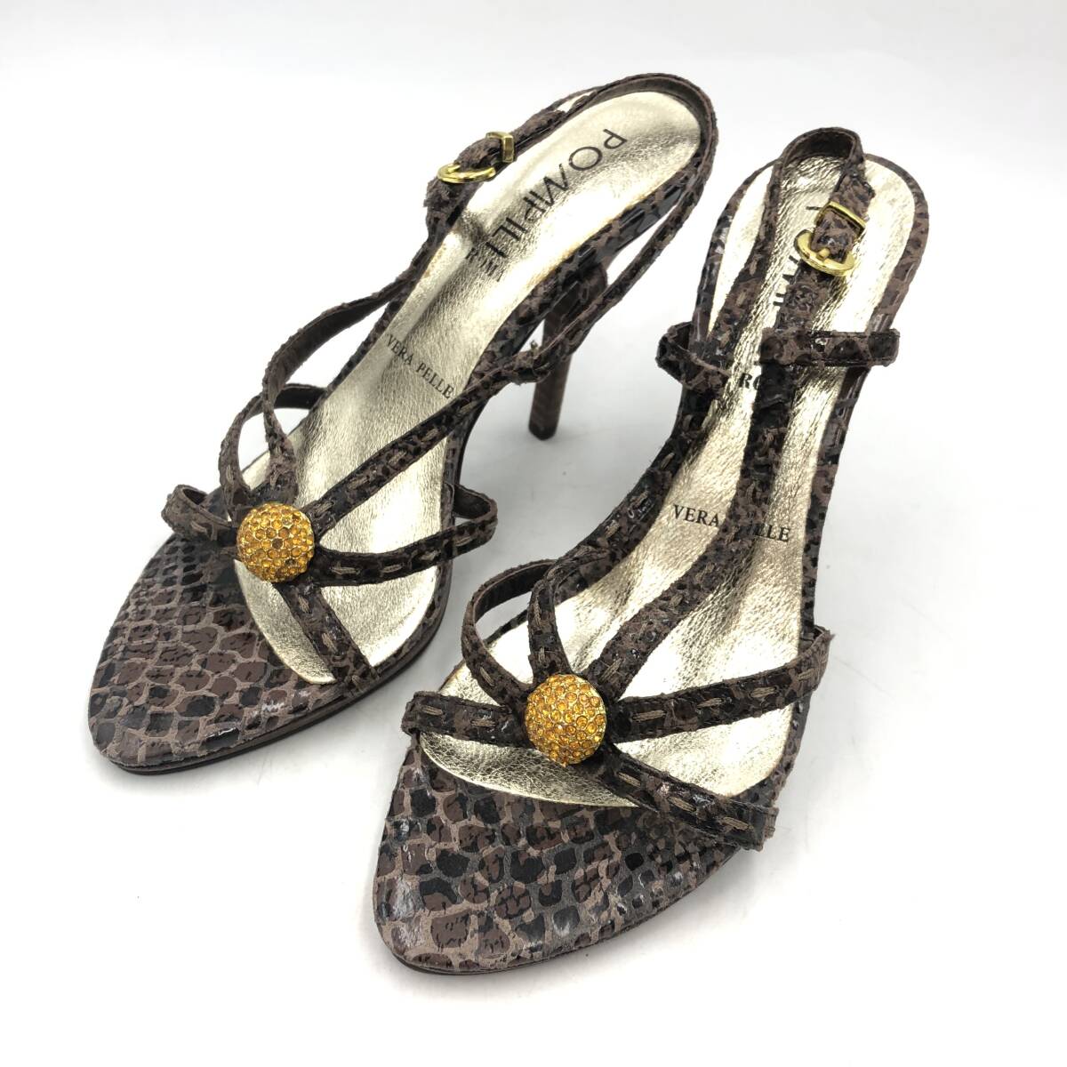 ★23cm【POMPILI】ハイヒールサンダル ブラウン ラインストーン ビジュー シューズ レディース拍卖