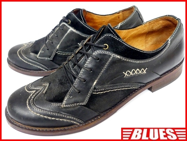 即決★whoop'EE'★26cm レザーレースアップシューズ フーピー メンズ 42 黒 ブラック 本革 ウィングチップ 本皮 ヒール 革靴拍卖