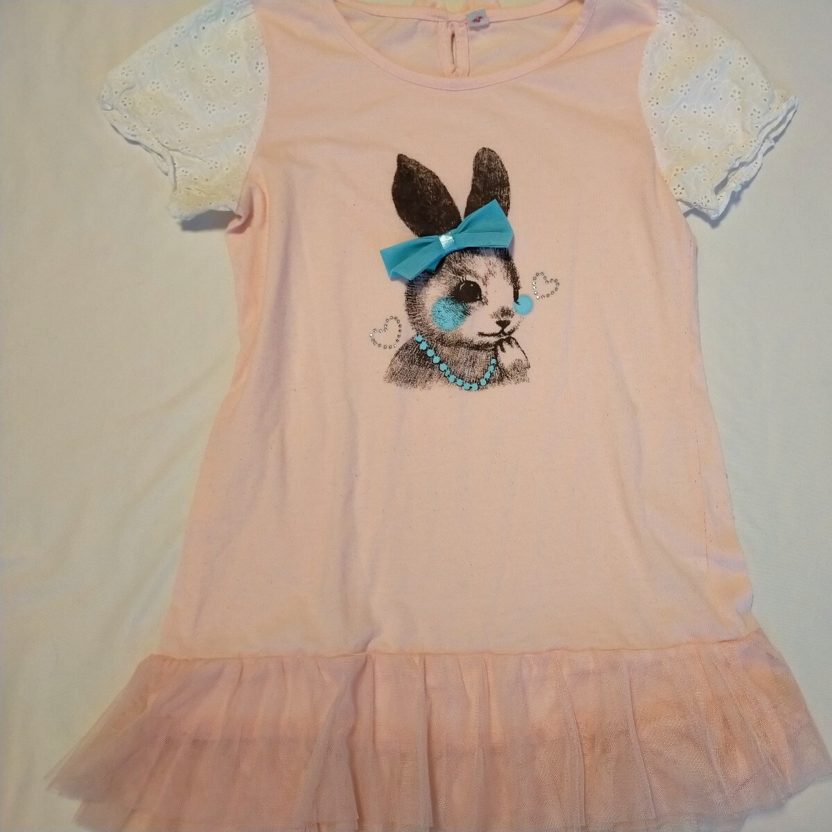 150 半袖 Tシャツ カットソー ワンピース風 ピンク 白 リボン うさぎ かわいい フリル チュール レース 小学生 中古 エンジェルラブ拍卖