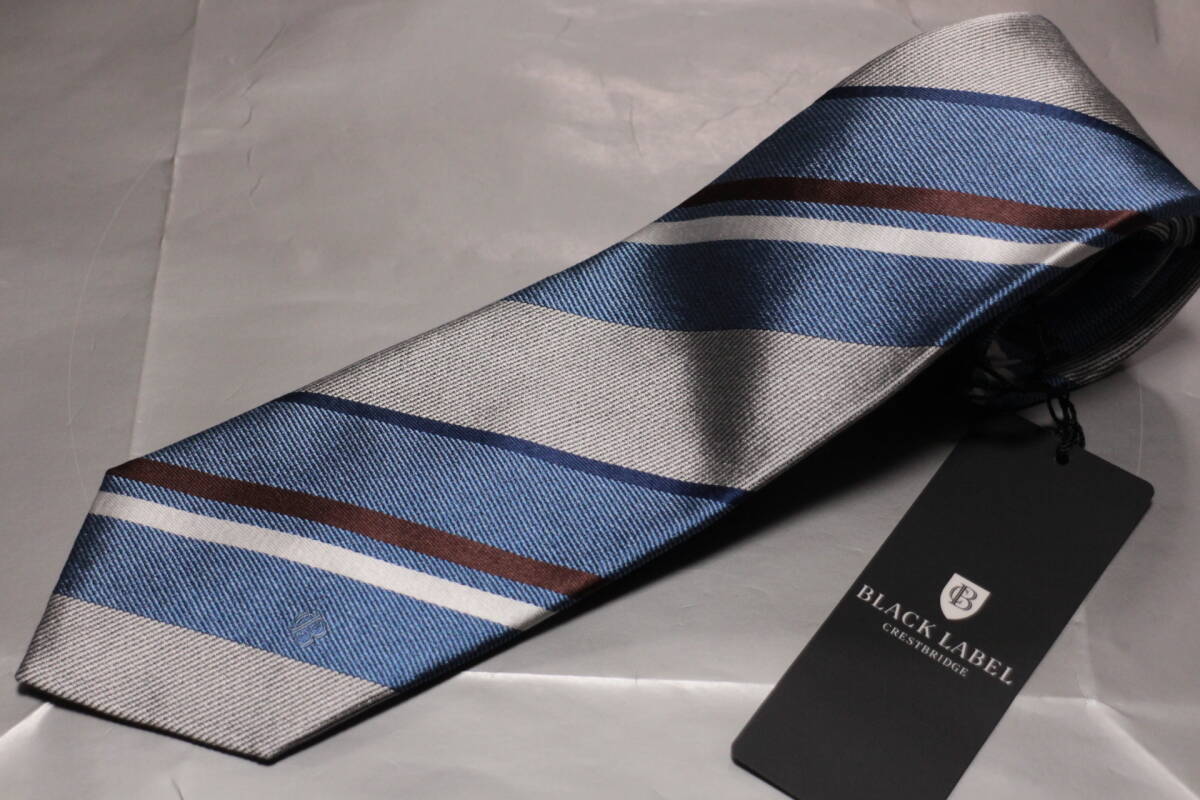 ブラックレーベルクレストブリッジ新品ネクタイ超華麗艶シルバー*サックブルー*ブラウンレジメンタルワイドピッチ織柄切替しハンドメイド拍卖