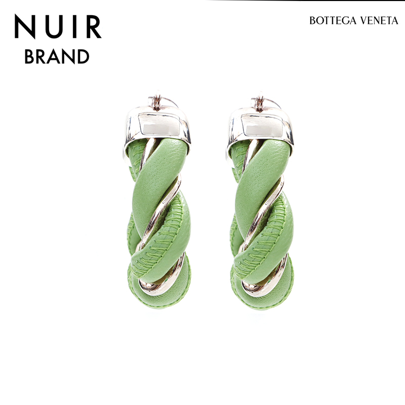 ボッテガヴェネタ BOTTEGAVENETA イヤリング レザー 925 シルバー 三角 グリーン×シルバー拍卖